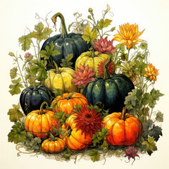 Watercolor Linocut Style Pumpkins Illustration, Generative Ai