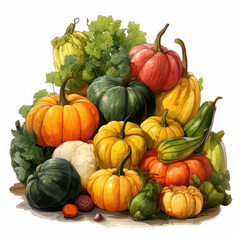Watercolor Linocut Style Pumpkins Illustration, Generative Ai