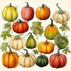 Watercolor Linocut Style Pumpkins Illustration, Generative Ai