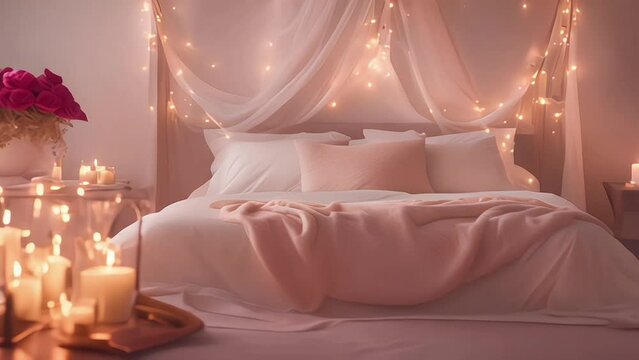 heart-shaped rose petals and candles on the bed in the hotel rooms, for a romantic evening. honeymoon concept