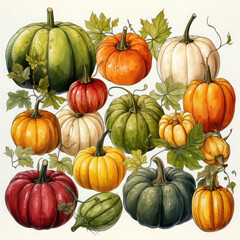 Watercolor Linocut Style Pumpkins Illustration, Generative Ai