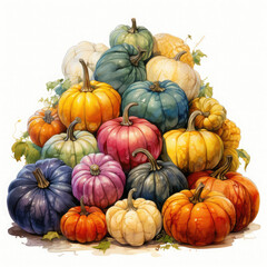 Watercolor Linocut Style Pumpkins Illustration, Generative Ai