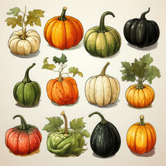 Watercolor Linocut Style Pumpkins Illustration, Generative Ai