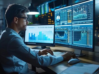 A statistician inputting data into a statistical software program focus on data entry, technology theme, dynamic, overlay, workstation backdrop