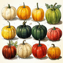 Watercolor Linocut Style Pumpkins Illustration, Generative Ai