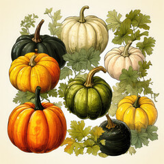 Watercolor Linocut Style Pumpkins Illustration, Generative Ai