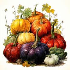 Watercolor Linocut Style Pumpkins Illustration, Generative Ai