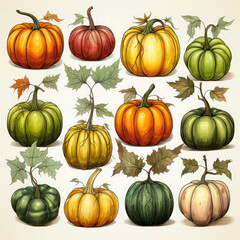 Watercolor Linocut Style Pumpkins Illustration, Generative Ai
