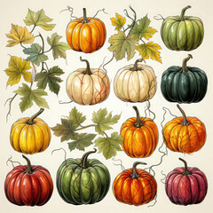Watercolor Linocut Style Pumpkins Illustration, Generative Ai