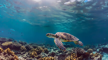Hawksbill turtle swimming over coral reef in clear blue ocean water