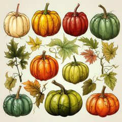 Watercolor Linocut Style Pumpkins Illustration, Generative Ai