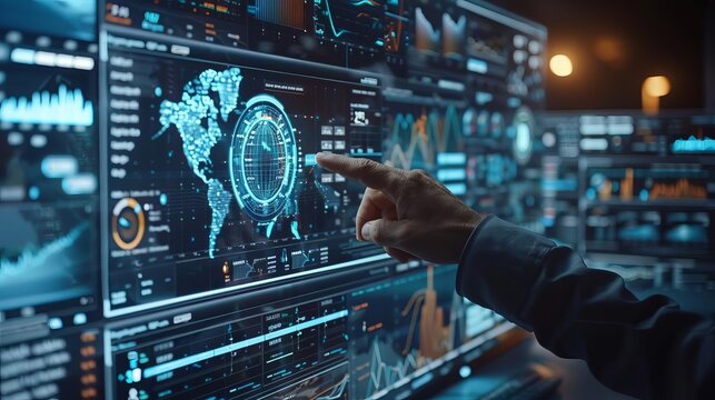 A statistician using advanced software to visualize data trends selective focus, visualization theme, ethereal, overlay, tech lab backdrop