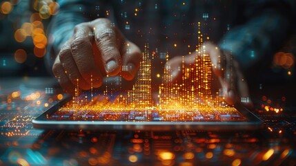 Close-up of hands manipulating a glowing digital holographic interface on a tablet, showcasing futuristic technology and data visualization.