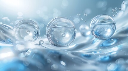 Abstract Blue Water Droplets Floating in a Rippling Liquid Surface with Defocused Bokeh Lights in the Background