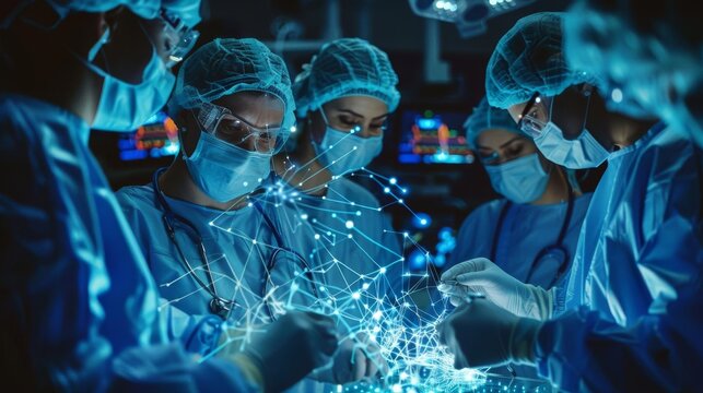 A surgeon consulting with a medical team during a procedure selective focus, teamwork theme, ethereal, overlay, operating room backdrop
