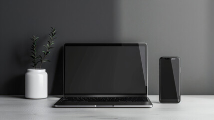 Minimalist workspace with laptop, smartphone and plant