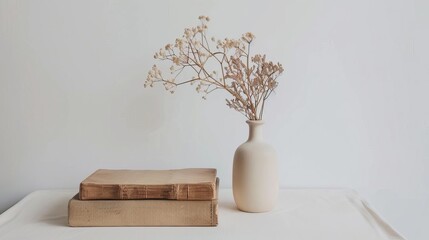 minimalist still life with dried flower in vase and vintage book on white table simple home decor