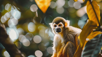 Squirrel monkey in Ecuadorian jungle surrounded by lush foliage - Powered by Adobe