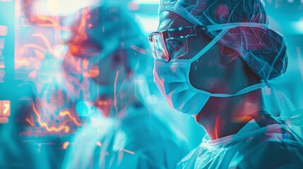 A surgeon explaining a surgical procedure to a patient preoperation close up, communication theme, vibrant, double exposure, consultation room backdrop