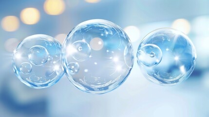 Three Transparent Glass Spheres With Light Reflections, Against a Blue Bokeh Background