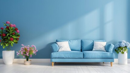 modern blue living room with sofa and flowers wide panorama