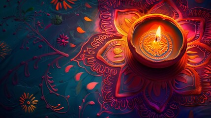 Birds-eye view of a beautifully intricate oil lamp, radiant and glowing amidst sparkling rangoli patterns, capturing the joyous spirit of Diwali, rich in vivid colors, photorealistic style, copyspace
