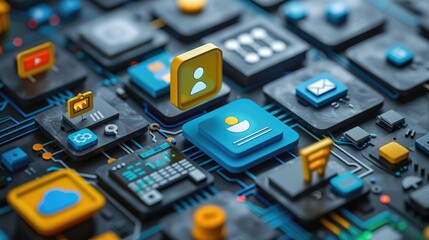 Close-up of a futuristic digital interface with various colorful icons and circuit-like design elements, symbolizing modern technology.