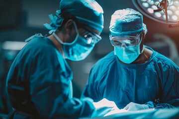 A surgeon guiding a resident through a surgical procedure selective focus, mentorship theme, whimsical, fusion, surgical training room backdrop