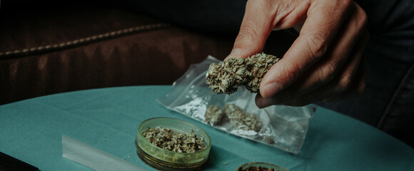 man with a cannabis bud in his hand, banner