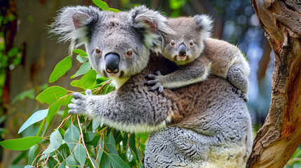 Fototapeta premium Mother koala with baby on her back in eucalyptus tree