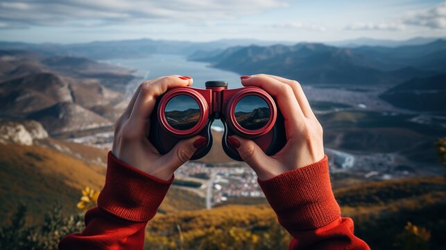 Both hands of a hiker use binoculars to see the view from a bird's eye view on a mountain.