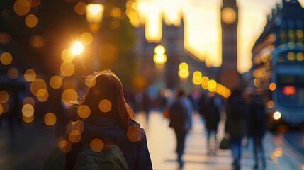 Fototapeta premium Silhouette of person in sunset city street, London bokeh background