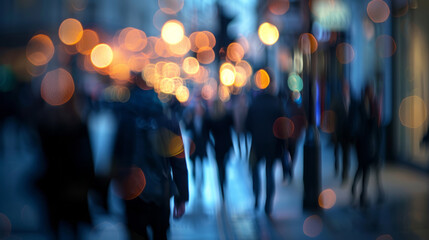 Fototapeta premium Blurred people on city street with bokeh lights in background