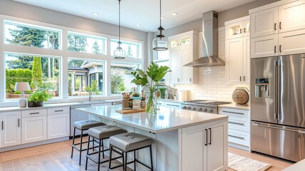 Fototapeta premium Experience the epitome of modern design in this American kitchen, featuring sleek white cabinets, state-of-the-art stainless steel appliances