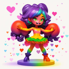 Fototapeta premium 3d female character with intricate rainbow face paint, dressed in a stylish outfit featuring various LGBTQ+ pride elements, standing in a powerful pose with arms raised and surrounded by floating rain