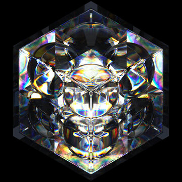 Graphic Design Poster Abstract Geometric Crystal Prism with Colorful Reflections - 3D Glass Cube with Futuristic Symmetry and Iridescent Light Spectrum