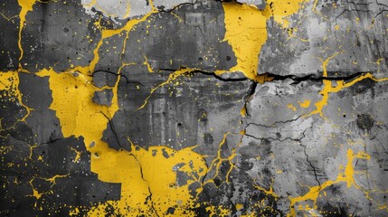 Naklejka premium monochromatic abstract texture dramatic fractured cement wall surface with cracks grey and yellow shades obsolete background digital art
