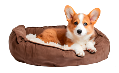 Corgi puppy lying in dog bed, isolated on transparent background, pet concept, realistic illustration, generative ai
