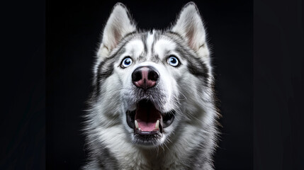 Close-up portrait of amazed Siberian Husky with blue eyes
