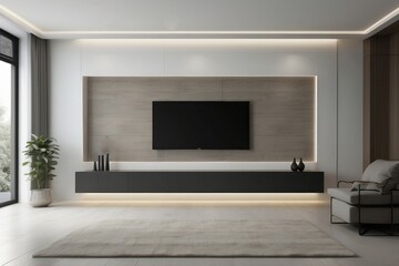 Fototapeta premium Interior home of living room with TV LED on wooden cabinet on white wall