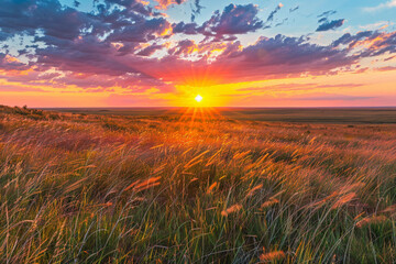 Fototapeta premium A vibrant sunset over a vast prairie, the grasses swaying in the breeze and the sky filled with warm, glowing colors.