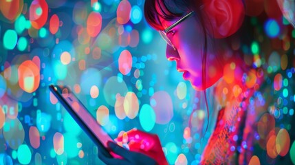 A teacher using a digital tablet to teach a virtual class close up, technology theme, vibrant, double exposure, virtual classroom backdrop