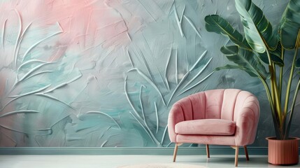 oversized painted leaves on textured wall pastel interior design photo wallpaper
