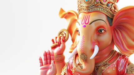 Close-up shot of Lord Ganpati, vibrant and joyous, celebrating Ganesh Chaturthi, detailed CG 3D render, isolated on pure white background, plenty of copyspace