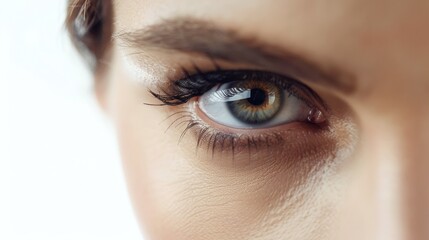 Fototapeta premium Close-up of a blue eye with detailed iris and long lashes, showcasing natural beauty and clarity. High-resolution image for visual creativity.