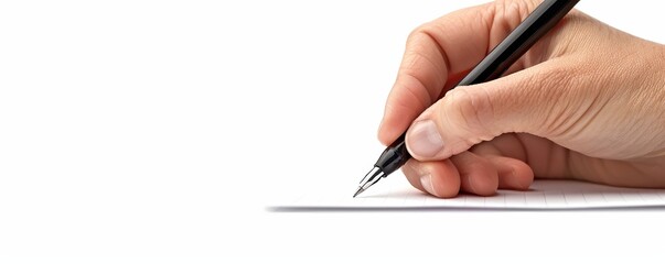 Close-up of a hand writing with a pen on a white background, symbolizing creativity, education, and office work.