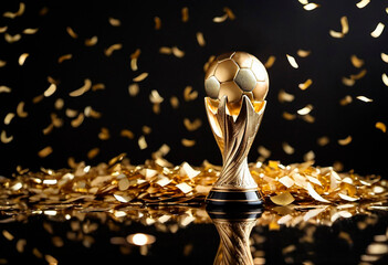 Triumphant Soccer Ball Trophy - A golden soccer ball rests on a top a gleaming golden trophy on black background with a shower of golden confetti.