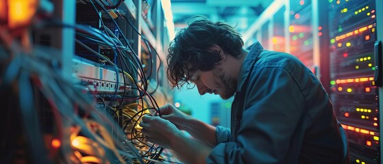 A technician installing and testing network cables in a data center focus on networking, technology theme, dynamic, manipulation, data center backdrop