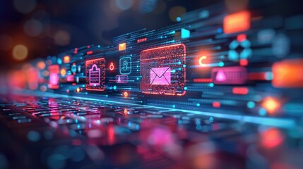 Futuristic digital communication interface with email icons and glowing neon effects, representing modern technology and connectivity.