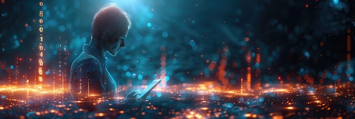 Futuristic digital landscape with person using tablet device, surrounded by data streams and glowing technology elements.